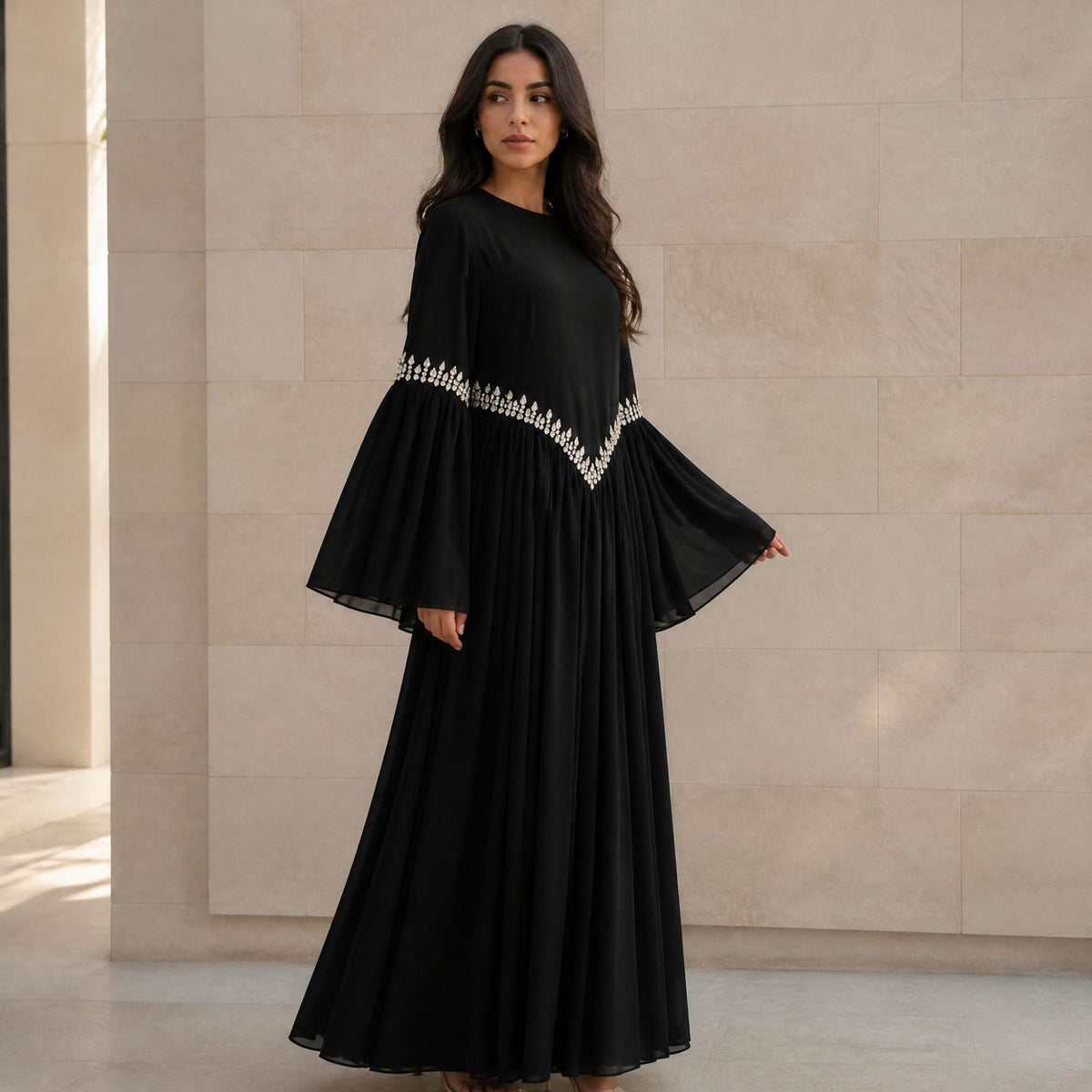Rhinestone Waist & Cuff Flared Sleeve Maxi Dress(MS513) - Mariam's Collection