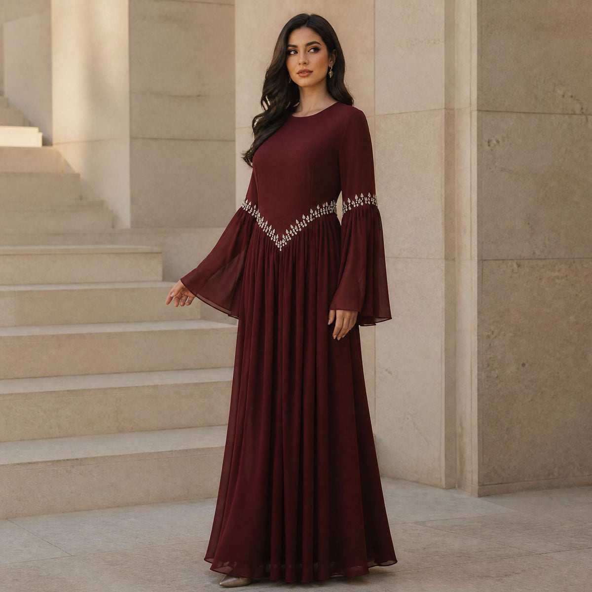 Rhinestone Waist & Cuff Flared Sleeve Maxi Dress(MS513) - Mariam's Collection