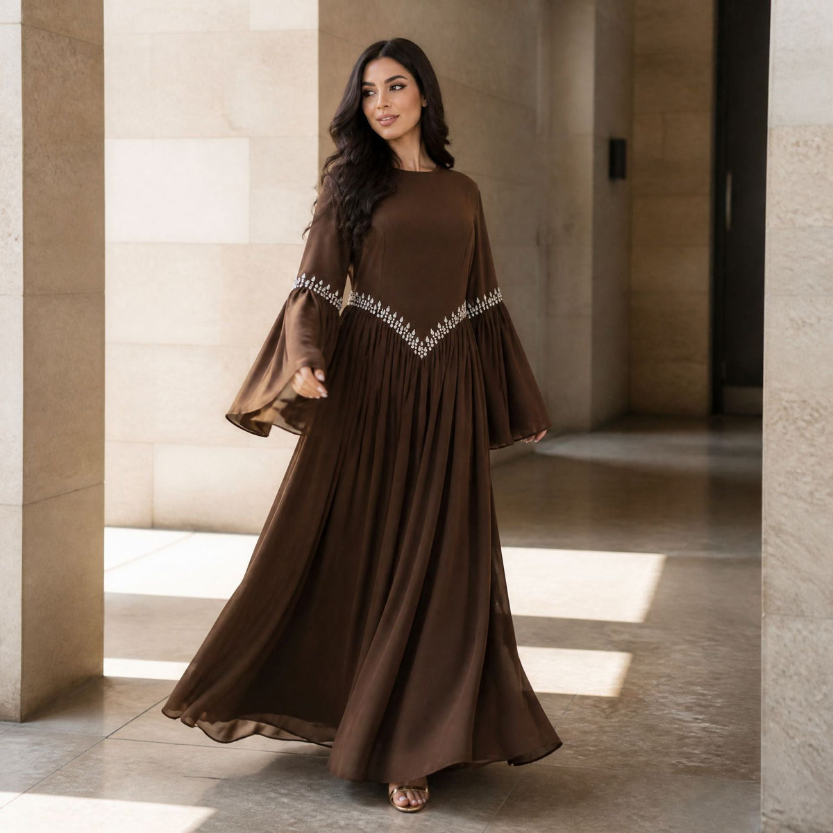 Rhinestone Waist & Cuff Flared Sleeve Maxi Dress(MS513) - Mariam's Collection