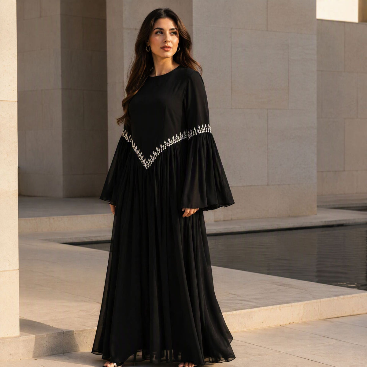 Rhinestone Waist & Cuff Flared Sleeve Maxi Dress(MS513) - Mariam's Collection