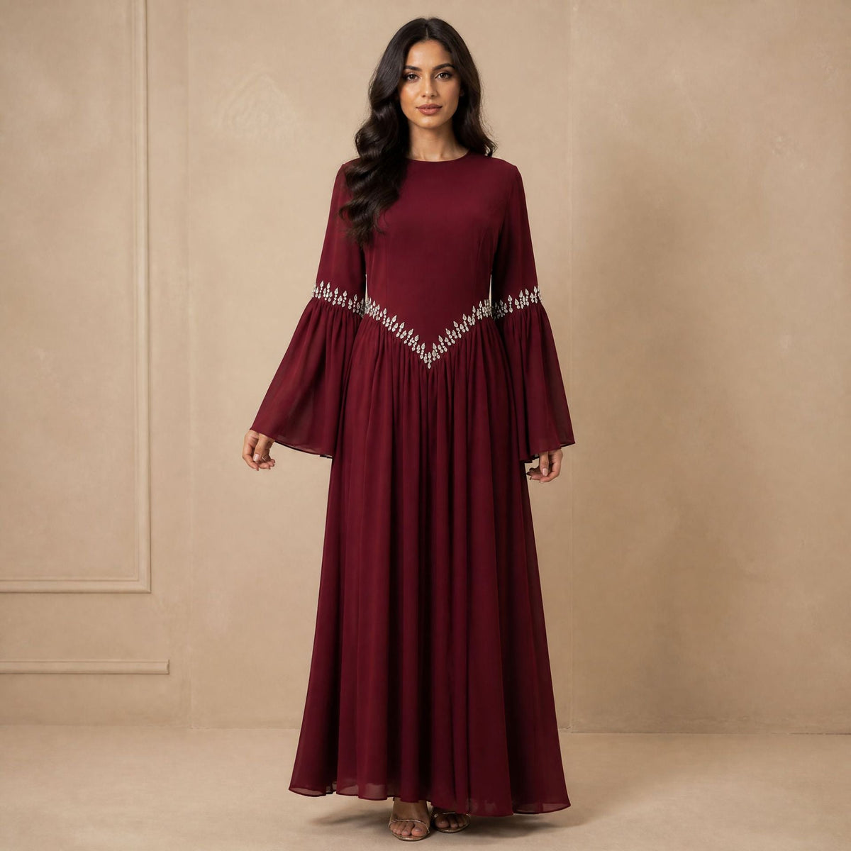 Rhinestone Waist & Cuff Flared Sleeve Maxi Dress(MS513) - Mariam's Collection