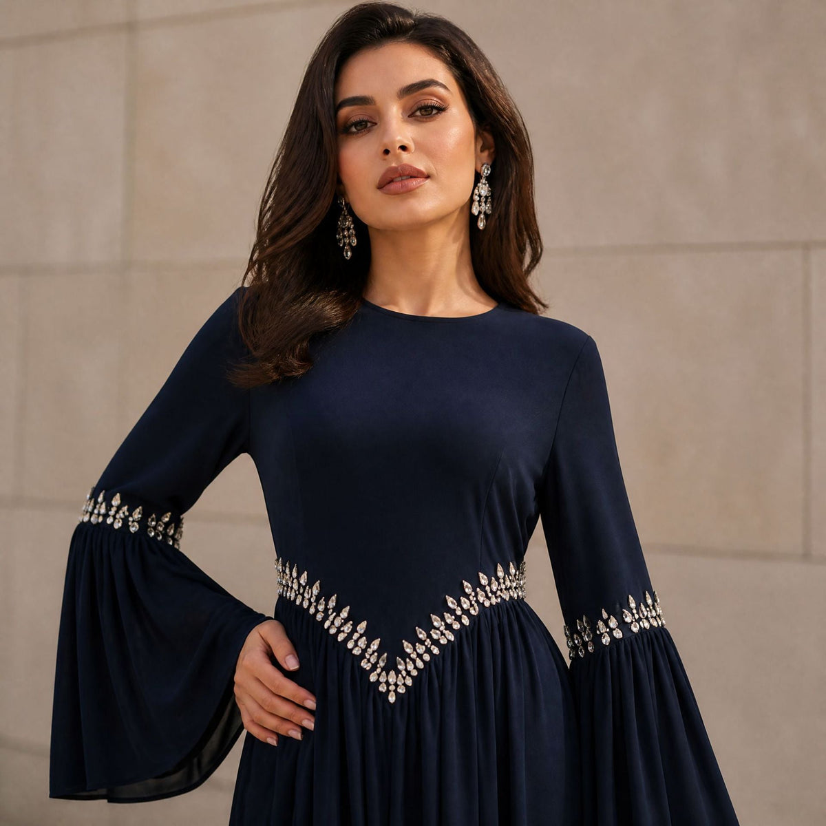 Rhinestone Waist & Cuff Flared Sleeve Maxi Dress(MS513) - Mariam's Collection