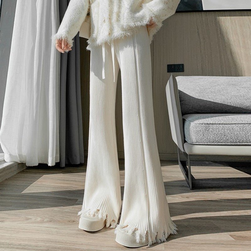 Ribbed Knit Frayed Wide Leg Pants | High Waist Drawstring Flare Pants(MS164) - Mariam's Collection