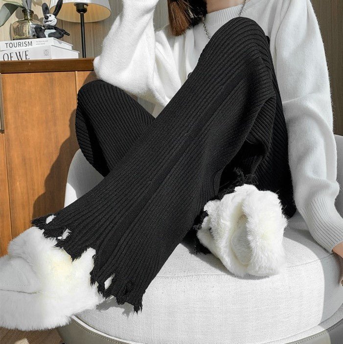 Ribbed Knit Frayed Wide Leg Pants | High Waist Drawstring Flare Pants(MS164) - Mariam's Collection