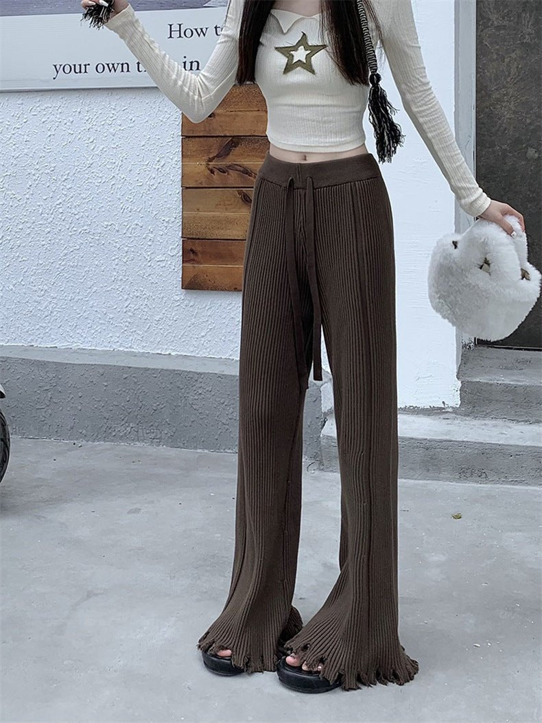 Ribbed Knit Frayed Wide Leg Pants | High Waist Drawstring Flare Pants(MS164) - Mariam's Collection