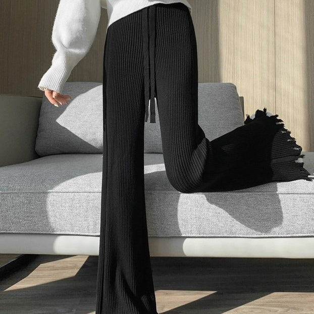Ribbed Knit Frayed Wide Leg Pants | High Waist Drawstring Flare Pants(MS164) - Mariam's Collection