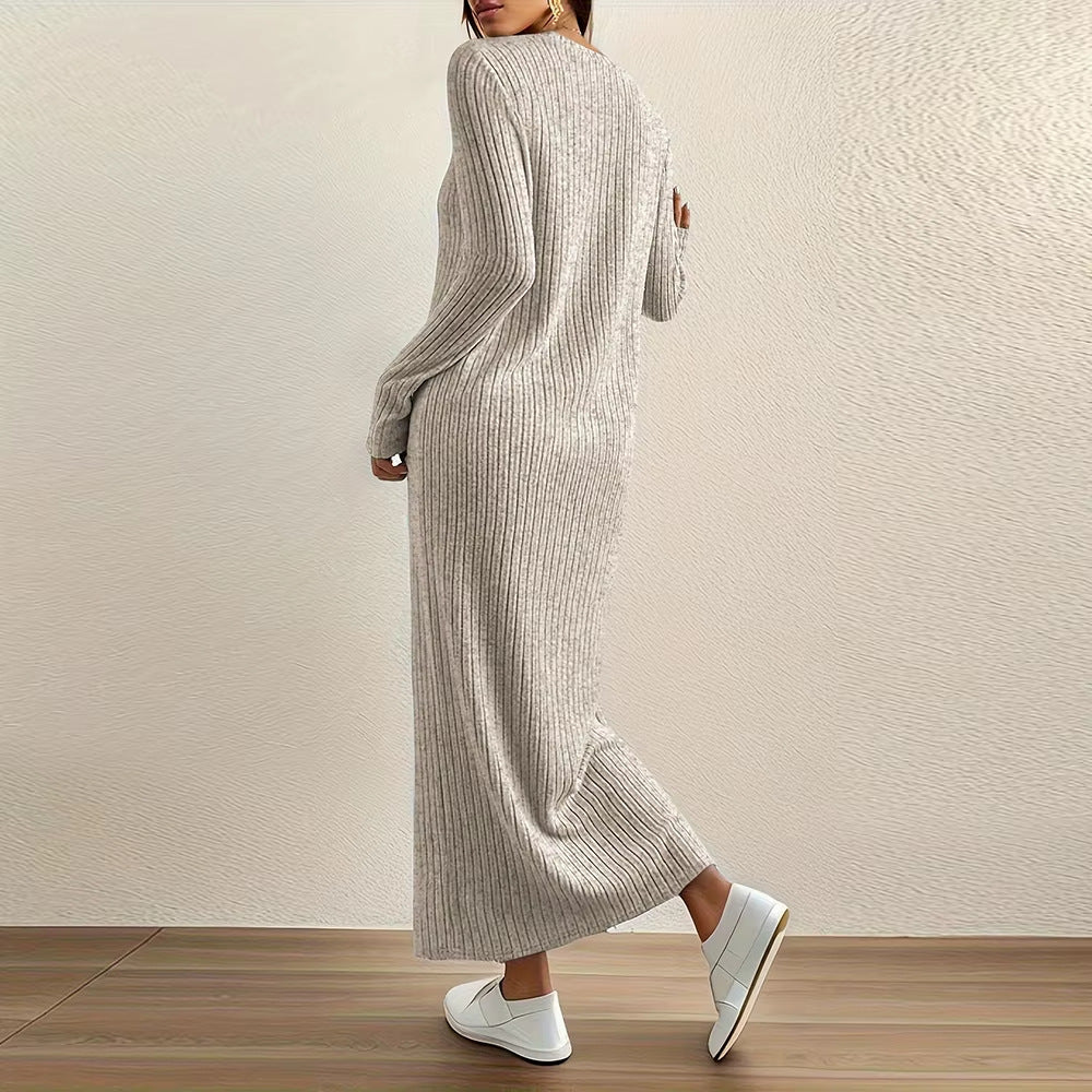 Ribbed Knit Maxi Dress | Long Sleeve Casual Sweater Dress(MS226) - Mariam's Collection