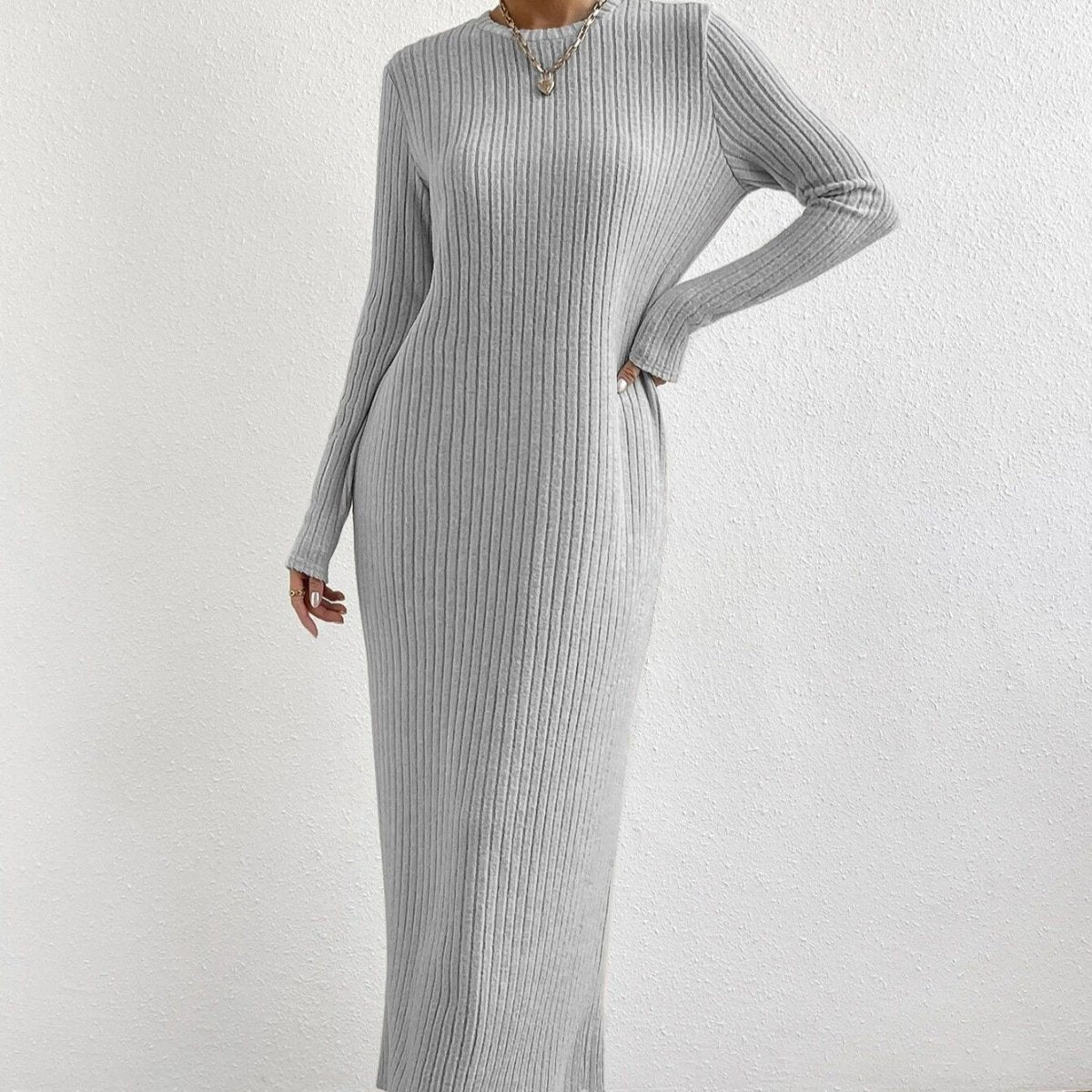 Ribbed Knit Maxi Dress | Long Sleeve Casual Sweater Dress(MS226) - Mariam's Collection