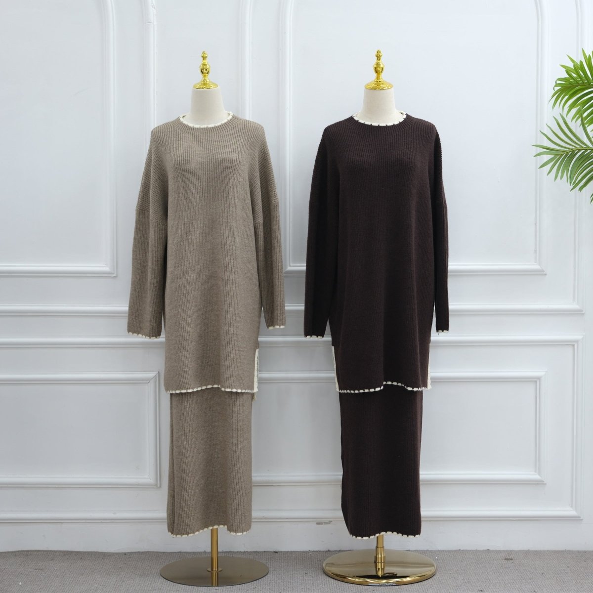 Ribbed Knit Sweater & Skirt Set with Contrast Trim(MS301) - Mariam's Collection