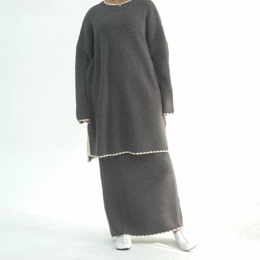 Ribbed Knit Sweater & Skirt Set with Contrast Trim(MS301) - Mariam's Collection