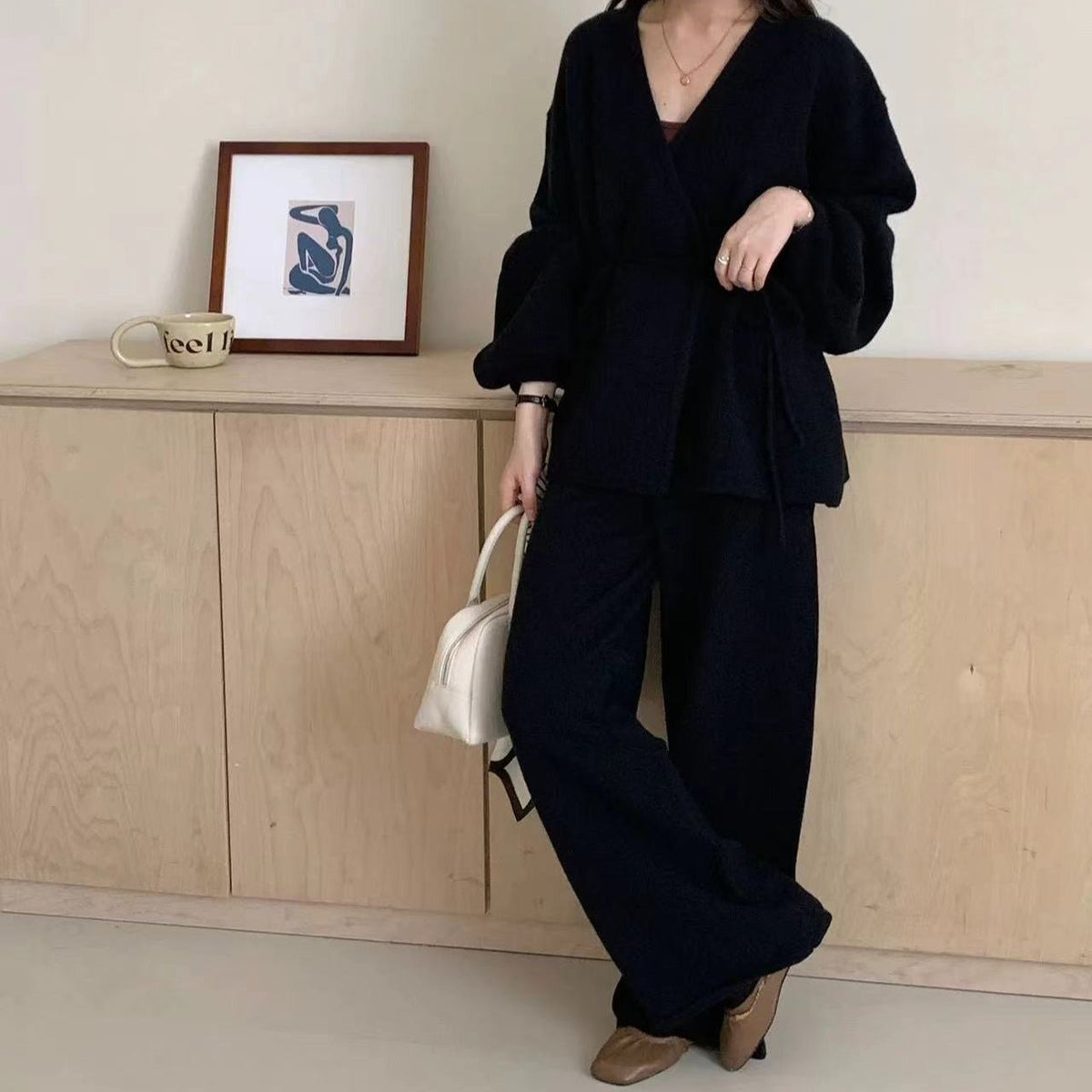 Ribbed Knit Wrap Top & Wide-Leg Trouser Two-Piece Set(MS531) - Mariam's Collection