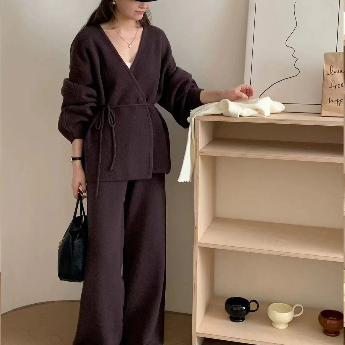 Ribbed Knit Wrap Top & Wide-Leg Trouser Two-Piece Set(MS531) - Mariam's Collection