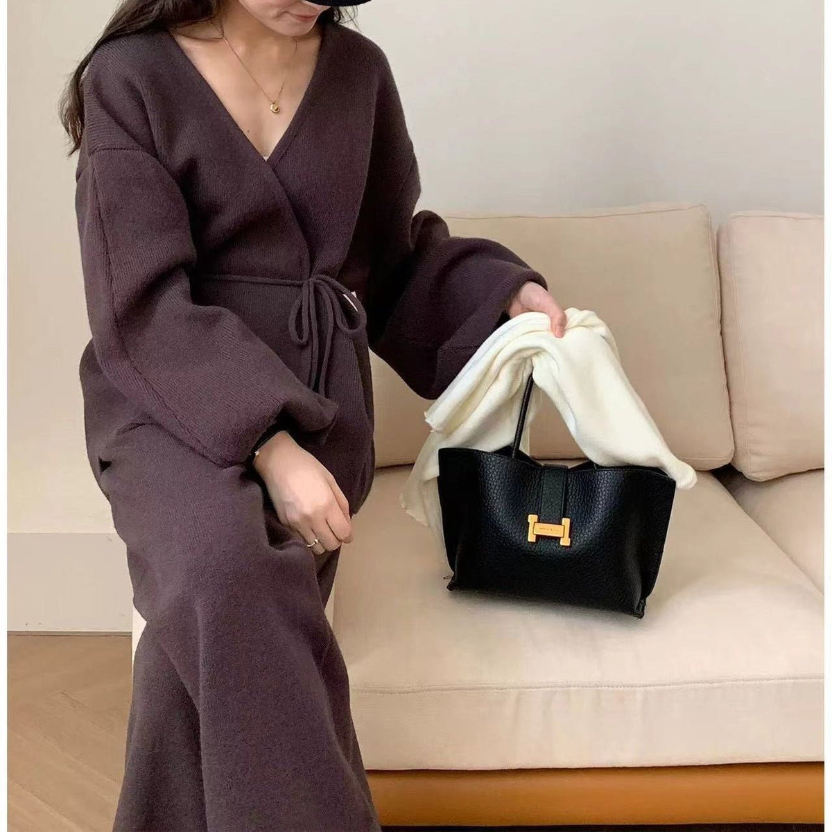 Ribbed Knit Wrap Top & Wide-Leg Trouser Two-Piece Set(MS531) - Mariam's Collection