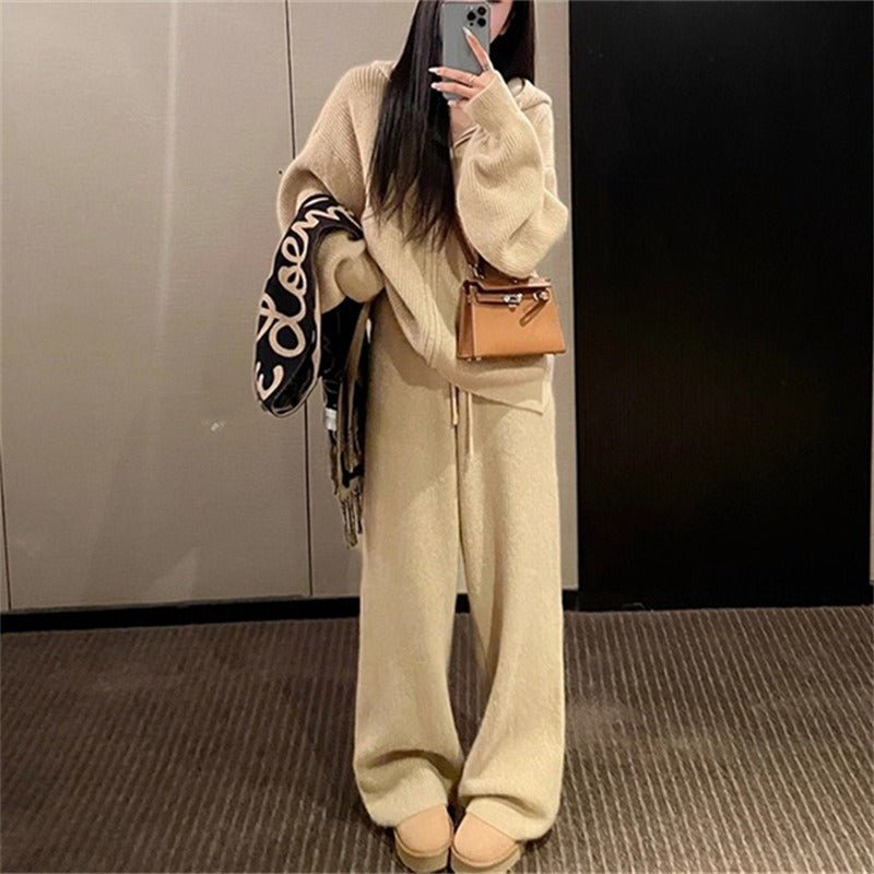 Ribbed Knit Zip - Up Hoodie Autumn Two - Piece Loungewear(MS162) - Mariam's Collection