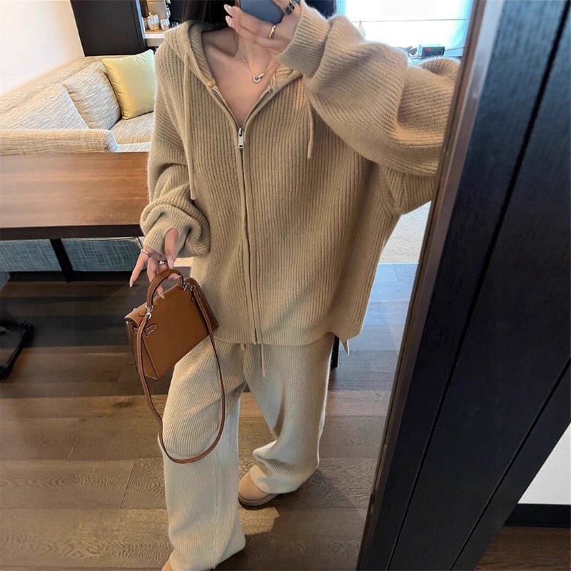 Ribbed Knit Zip - Up Hoodie Autumn Two - Piece Loungewear(MS162) - Mariam's Collection