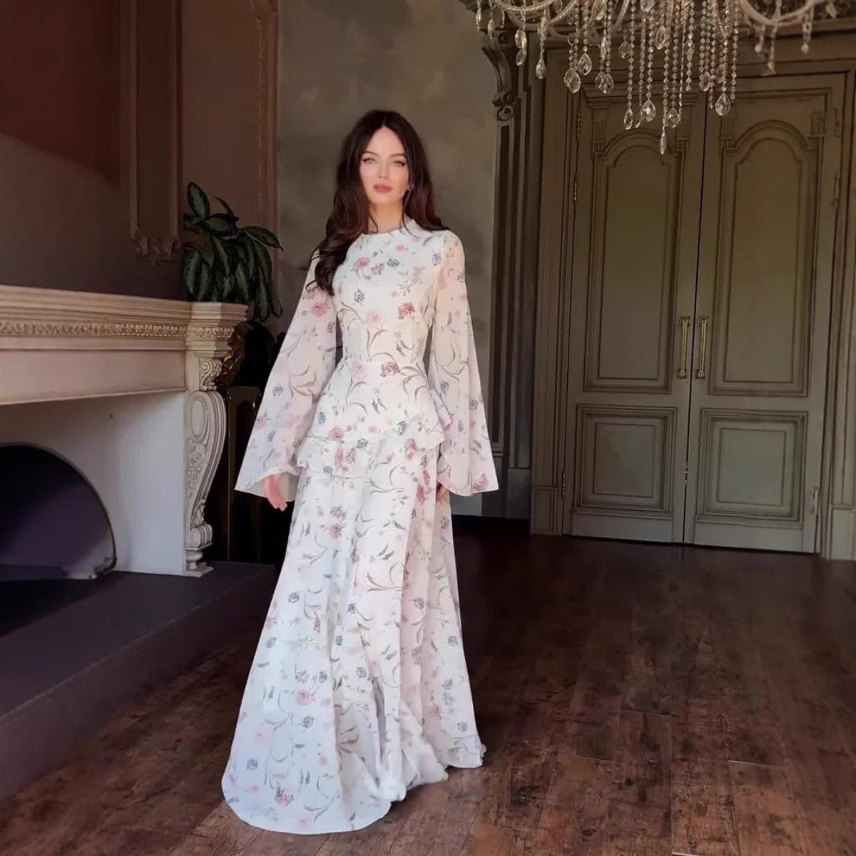 Romantic High Neck Floral Gown With Bell Sleeves | Long Sleeve Gown Abaya with Flowy Hem