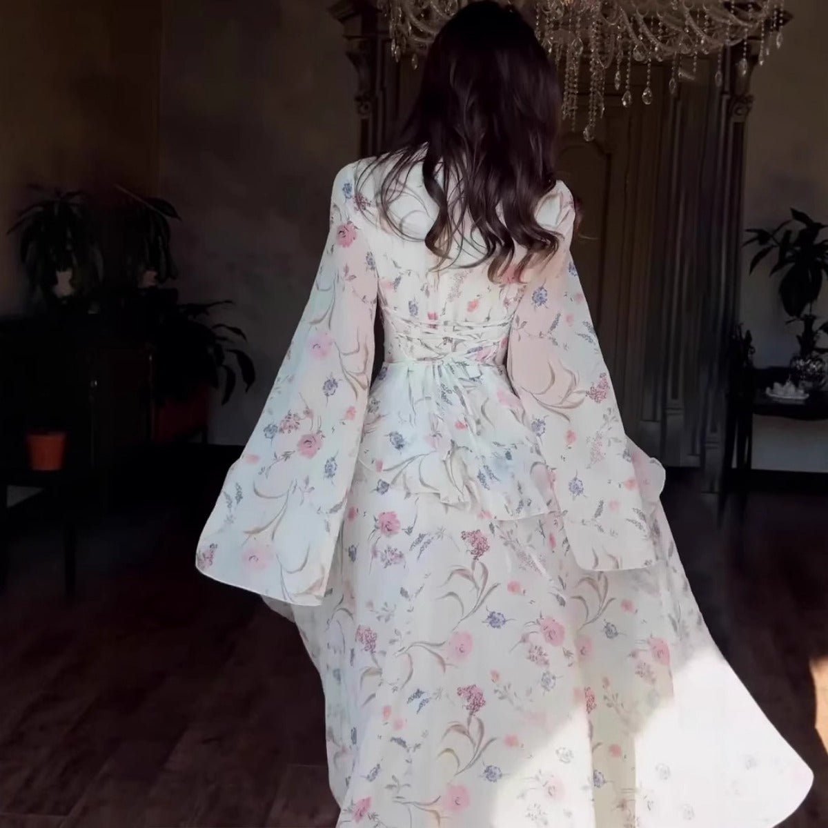 Romantic High Neck Floral Bell Sleeve Long Sleeve Gown Abaya with Flowy Hem. (MA218) - Mariam's Collection