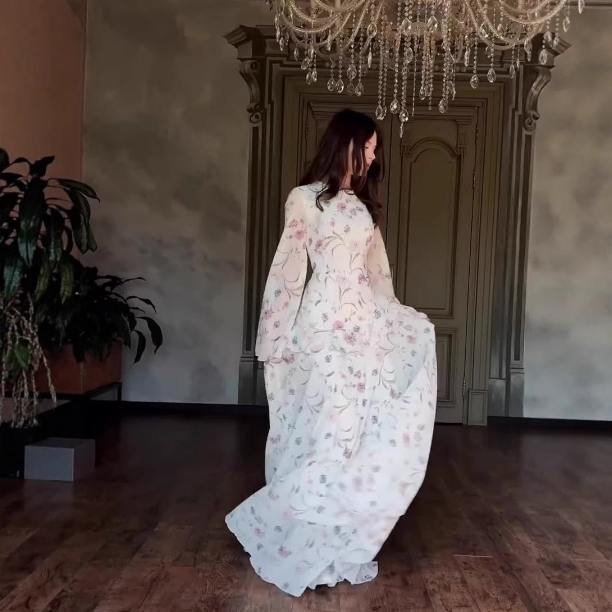 Romantic High Neck Floral Bell Sleeve Long Sleeve Gown Abaya with Flowy Hem. (MA218) - Mariam's Collection