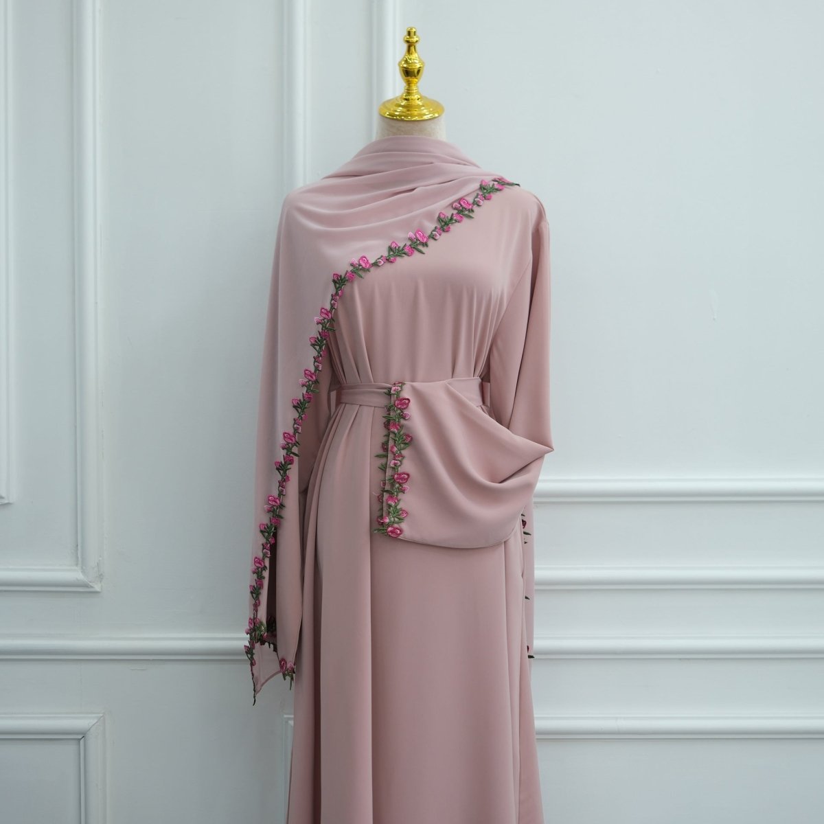 Rose Bud Embroidered Diagonal Trim Maxi Dress(MA455) - Mariam's Collection