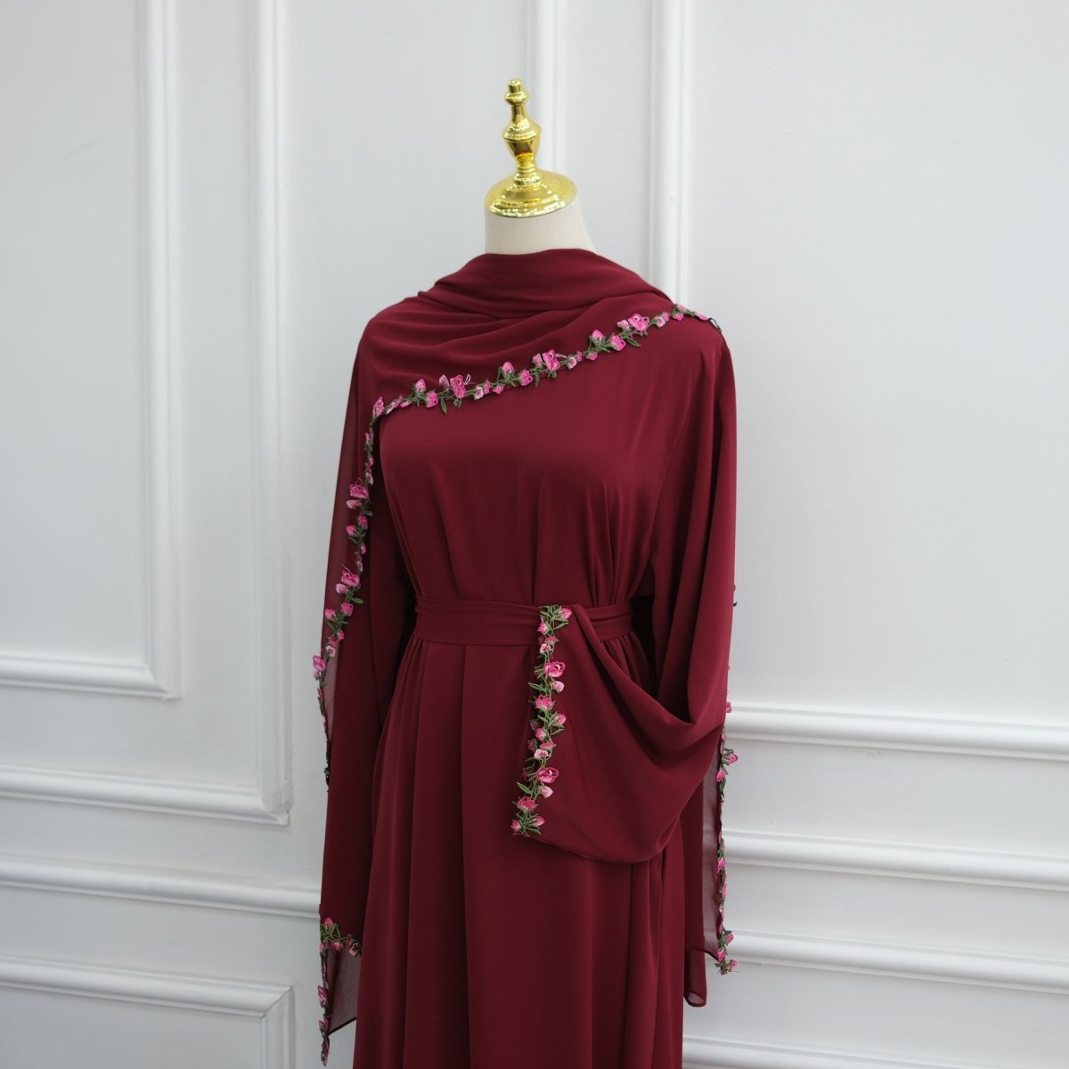 Rose Bud Embroidered Diagonal Trim Maxi Dress(MA455) - Mariam's Collection