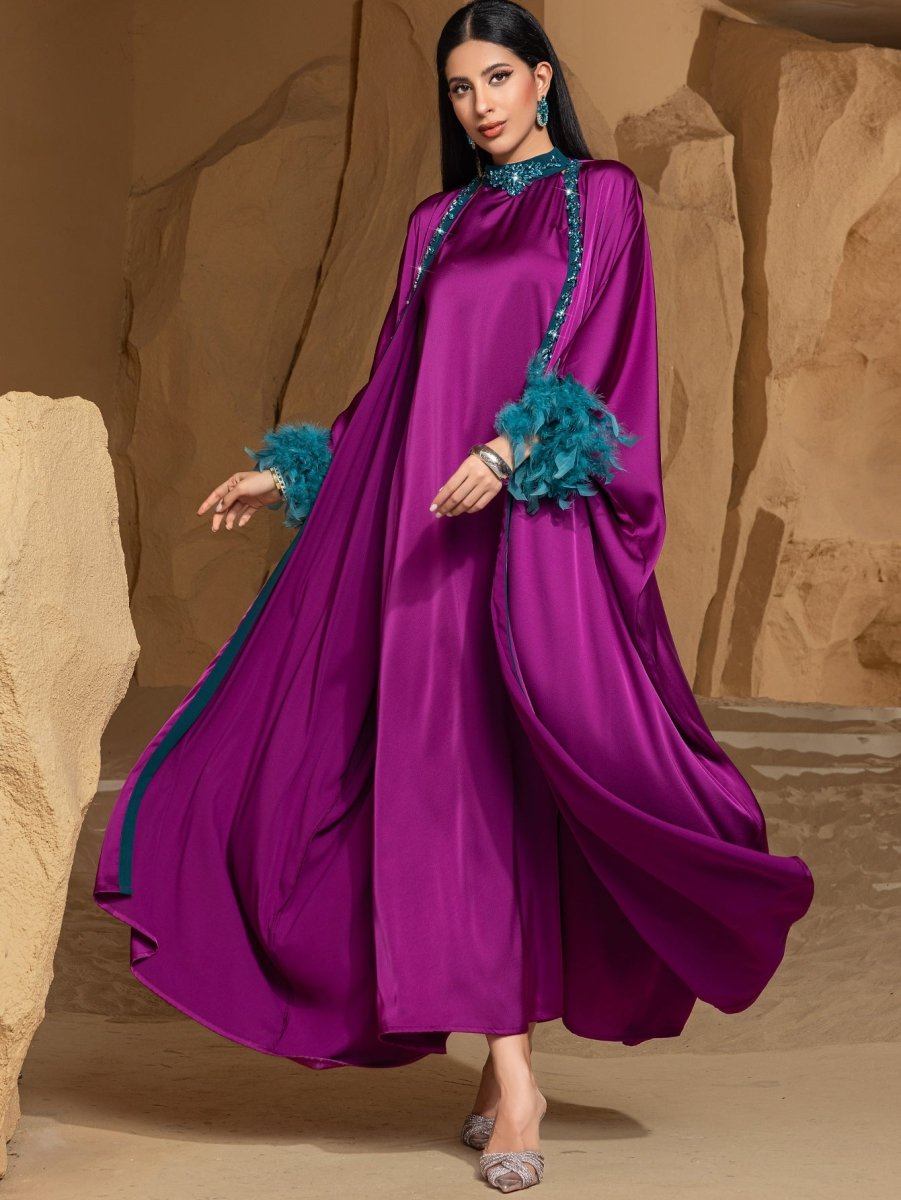 Rose Purple Luxury Feather - Embellished Abaya Dress Two - Piece Set with Crystal & Bead Details. (MOA159) - Mariam's Collection