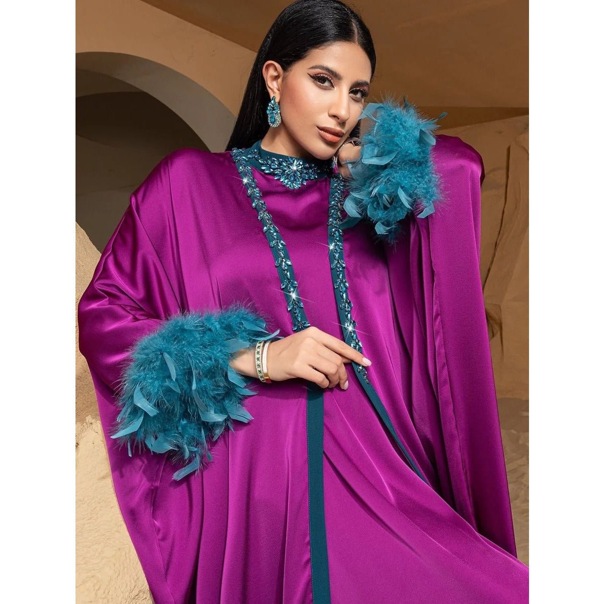 Rose Purple Luxury Feather - Embellished Abaya Dress Two - Piece Set with Crystal & Bead Details. (MOA159) - Mariam's Collection