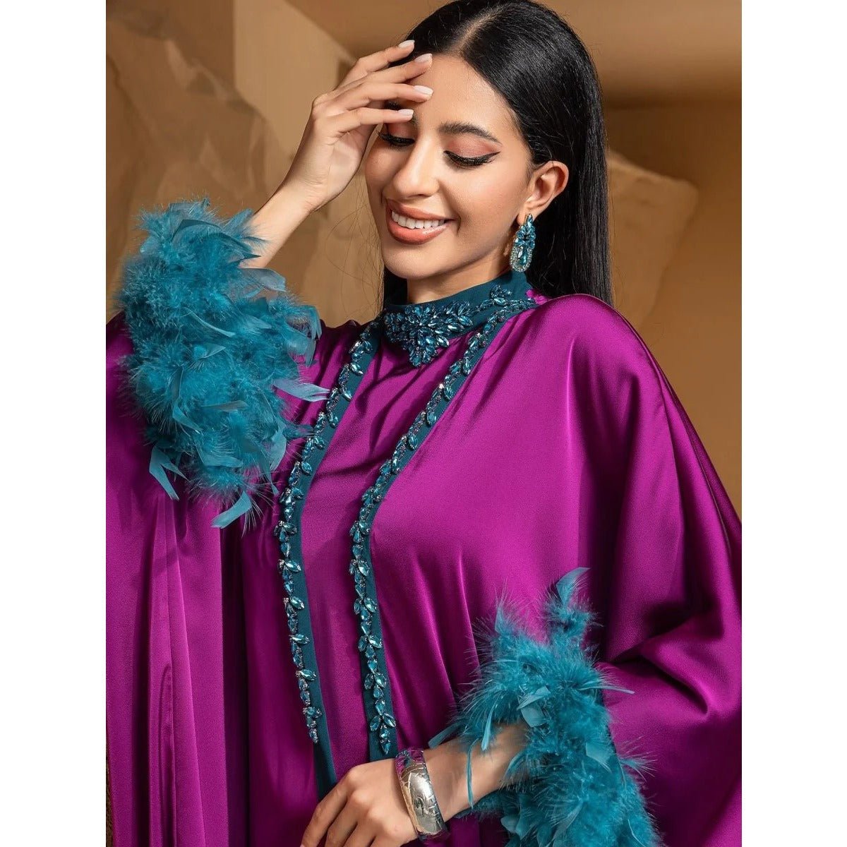 Rose Purple Luxury Feather - Embellished Abaya Dress Two - Piece Set with Crystal & Bead Details. (MOA159) - Mariam's Collection