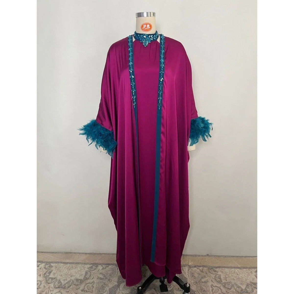 Rose Purple Luxury Feather - Embellished Abaya Dress Two - Piece Set with Crystal & Bead Details. (MOA159) - Mariam's Collection