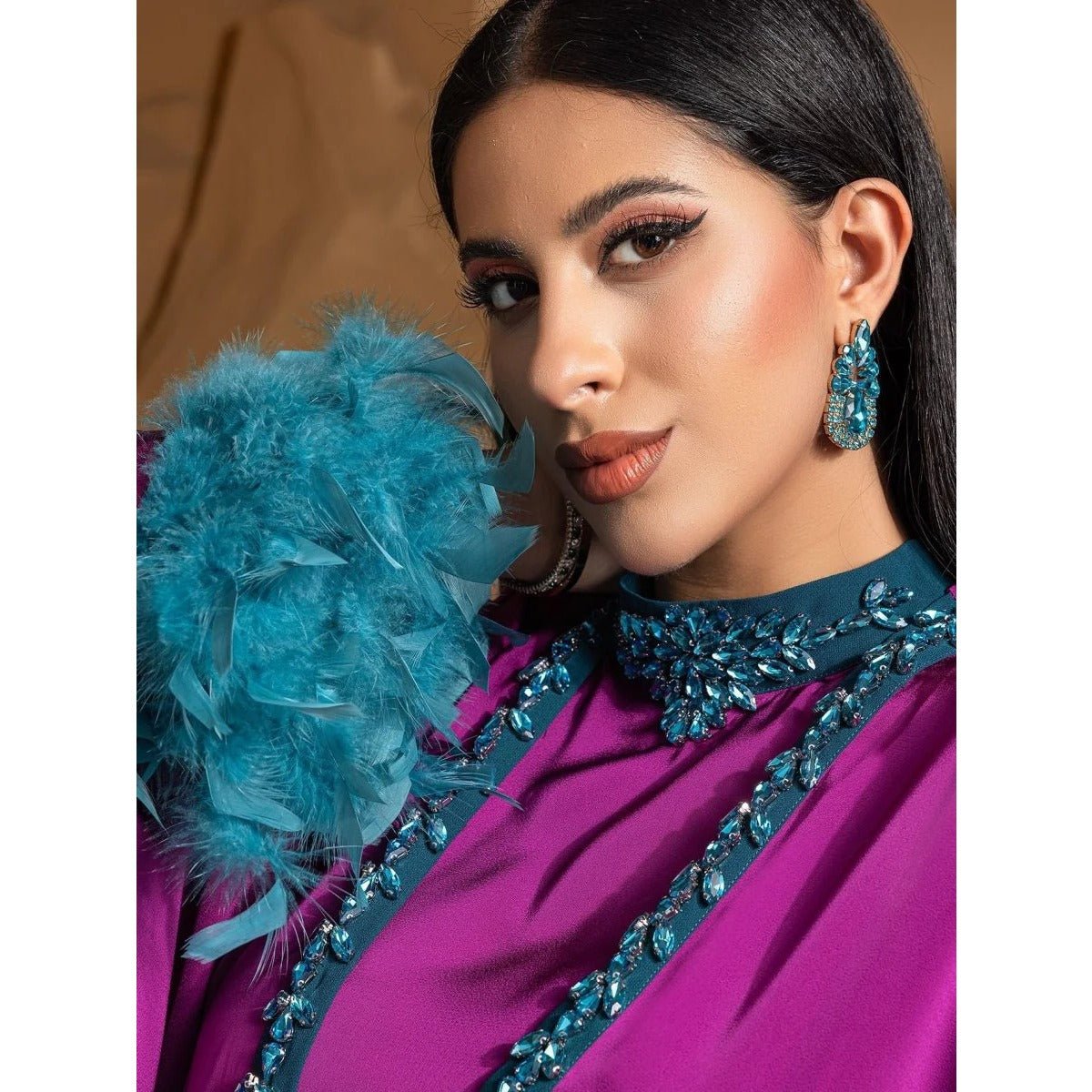 Rose Purple Luxury Feather - Embellished Abaya Dress Two - Piece Set with Crystal & Bead Details. (MOA159) - Mariam's Collection