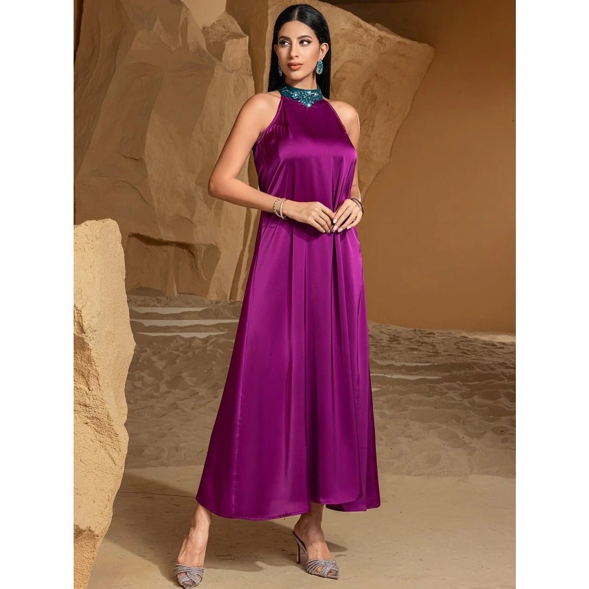 Rose Purple Luxury Feather - Embellished Abaya Dress Two - Piece Set with Crystal & Bead Details. (MOA159) - Mariam's Collection