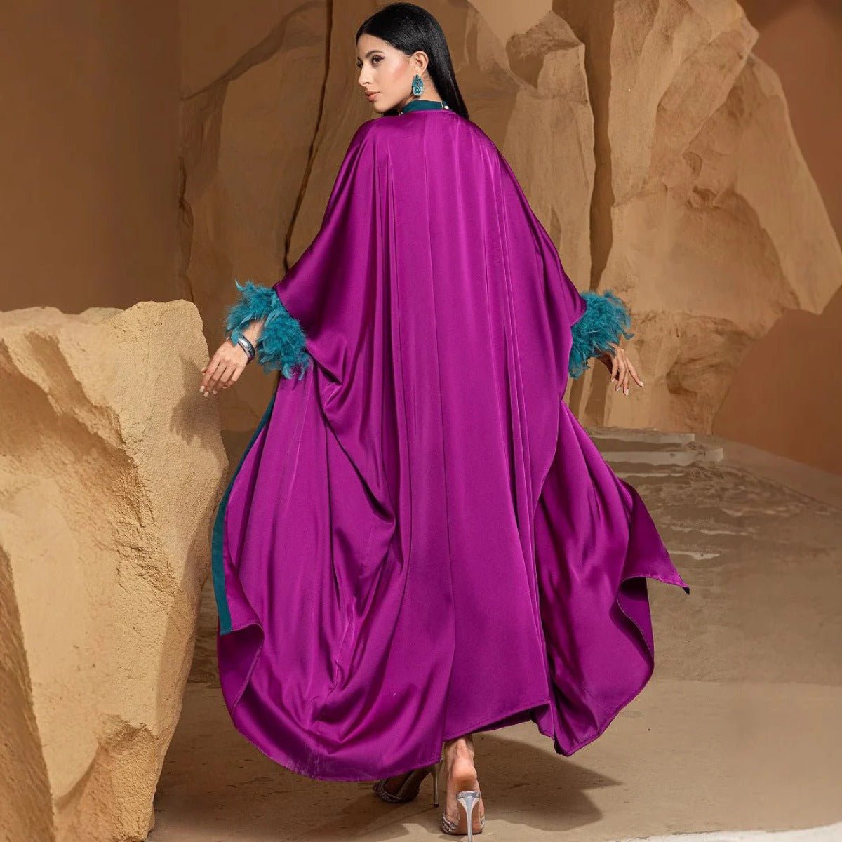 Rose Purple Luxury Feather - Embellished Abaya Dress Two - Piece Set with Crystal & Bead Details. (MOA159) - Mariam's Collection