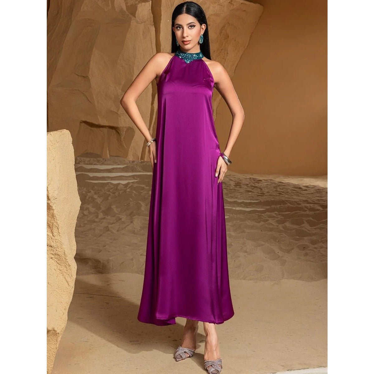 Rose Purple Luxury Feather - Embellished Abaya Dress Two - Piece Set with Crystal & Bead Details. (MOA159) - Mariam's Collection
