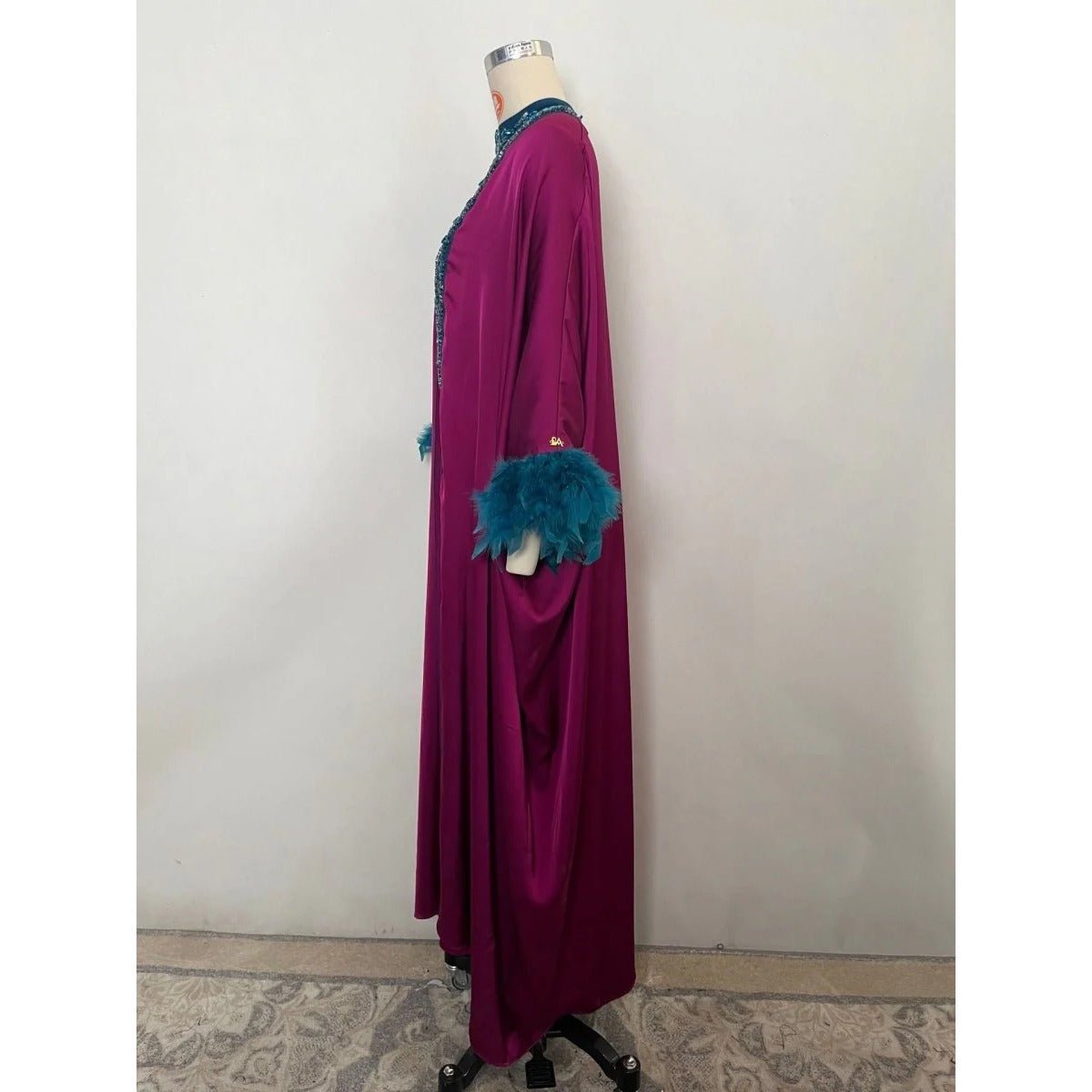 Rose Purple Luxury Feather - Embellished Abaya Dress Two - Piece Set with Crystal & Bead Details. (MOA159) - Mariam's Collection