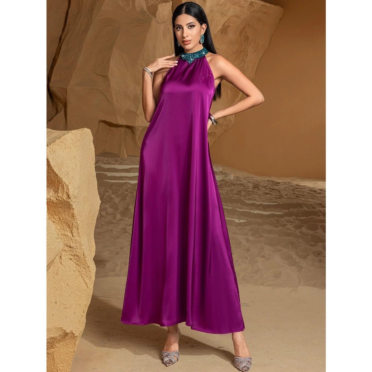 Rose Purple Luxury Feather - Embellished Abaya Dress Two - Piece Set with Crystal & Bead Details. (MOA159) - Mariam's Collection