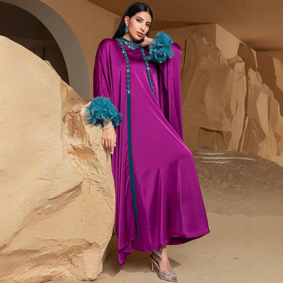 Rose Purple Luxury Feather - Embellished Abaya Dress Two - Piece Set with Crystal & Bead Details. (MOA159) - Mariam's Collection