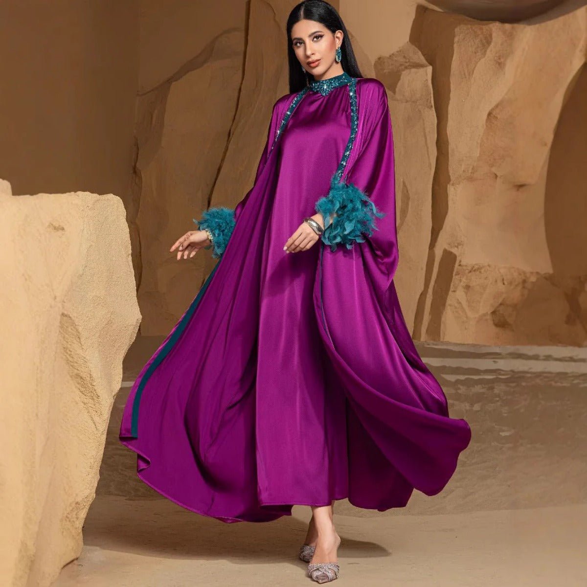 Rose Purple Luxury Feather - Embellished Abaya Dress Two - Piece Set with Crystal & Bead Details. (MOA159) - Mariam's Collection
