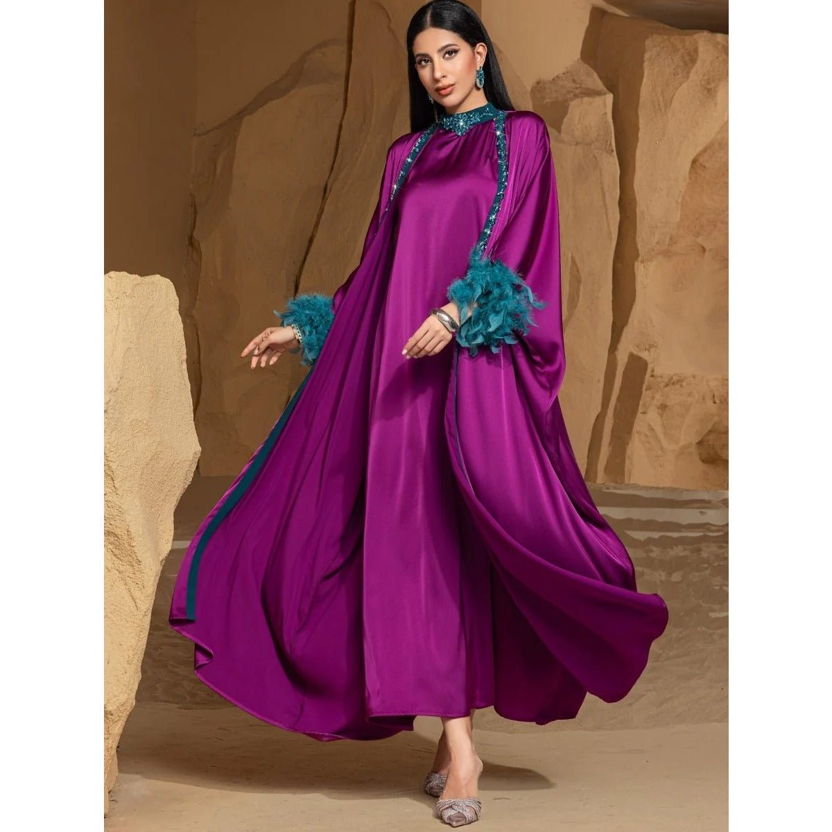 Rose Purple Luxury Feather - Embellished Abaya Dress Two - Piece Set with Crystal & Bead Details. (MOA159) - Mariam's Collection