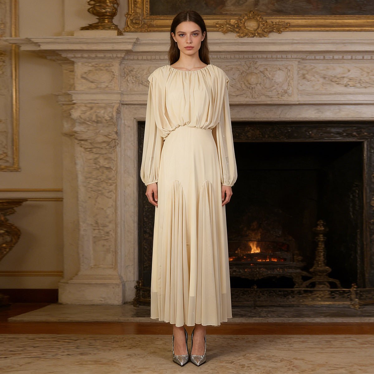 Lantern Sleeve Pleated Dress – Ruched Bodice Floor-Length Abaya