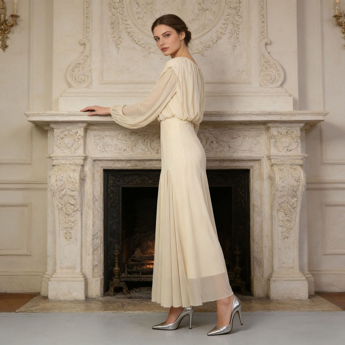 Back view of ruched bodice floor-length dress with pearl button neckline