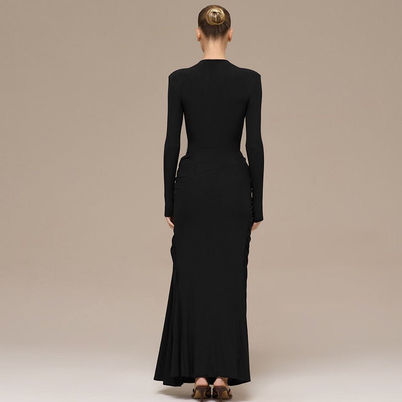 Ruched Bodycon Gown with Metal Hardware | High Neck Modal Maxi Dress(MS233) - Mariam's Collection