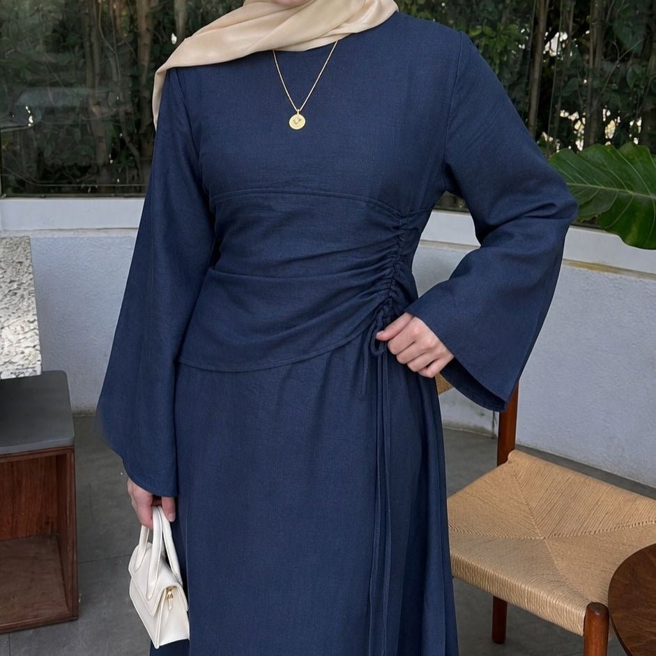 Ruched Drawstring Waist Flared Sleeve Maxi Dress(MS492) - Mariam's Collection