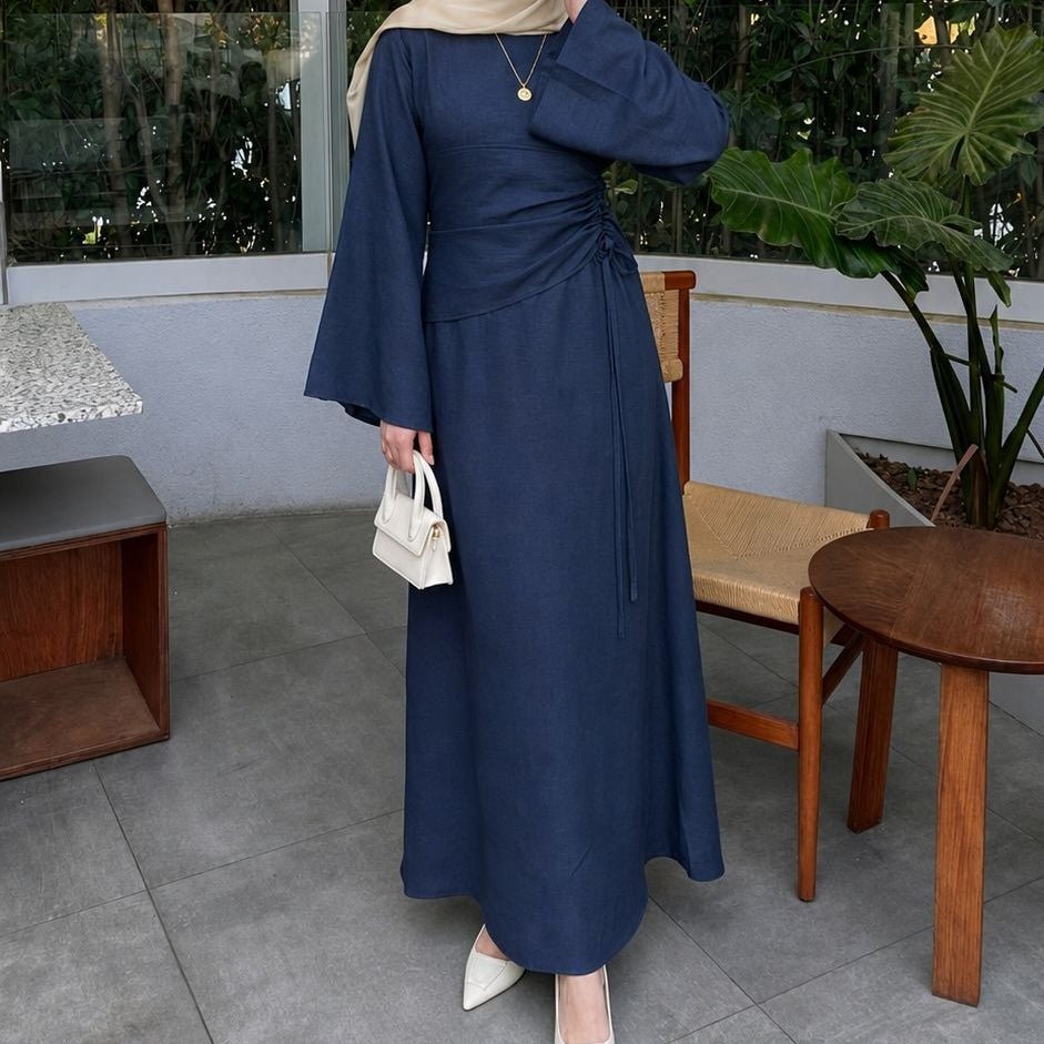 Ruched Drawstring Waist Flared Sleeve Maxi Dress(MS492) - Mariam's Collection
