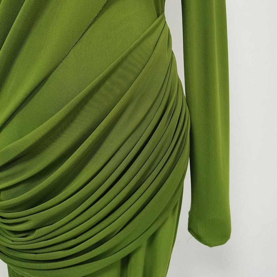 Detail shot of gathered high neckline on elegant stretch jersey formal dress