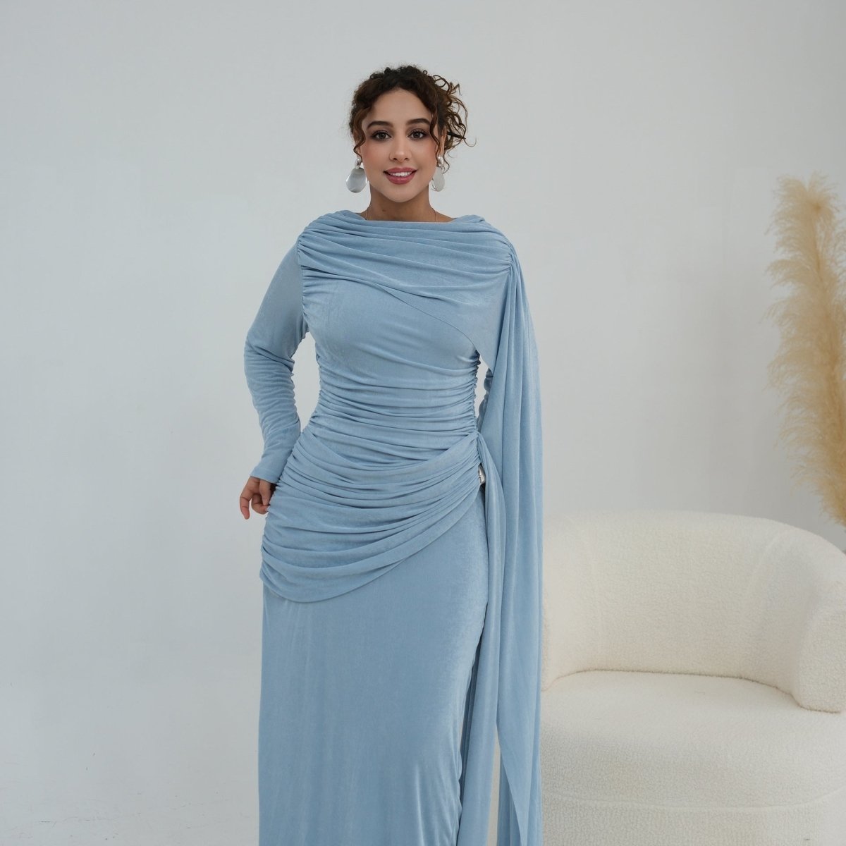 Ruched Maxi Dress with Cape(MS434) - Mariam's Collection