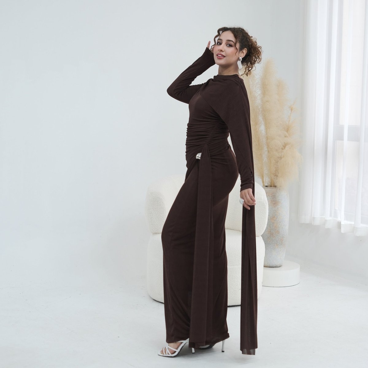 Ruched Maxi Dress with Cape(MS434) - Mariam's Collection