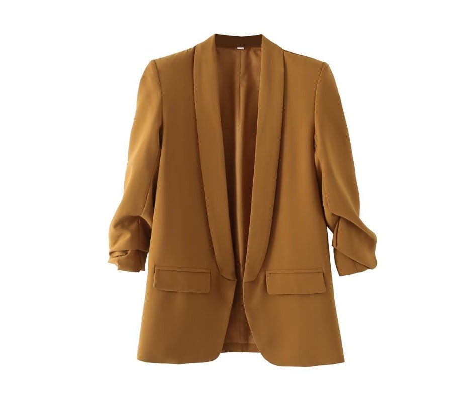 Ruched Sleeve Blazer | Three - Quarter Sleeve Longline Jacket (MS241) - Mariam's Collection
