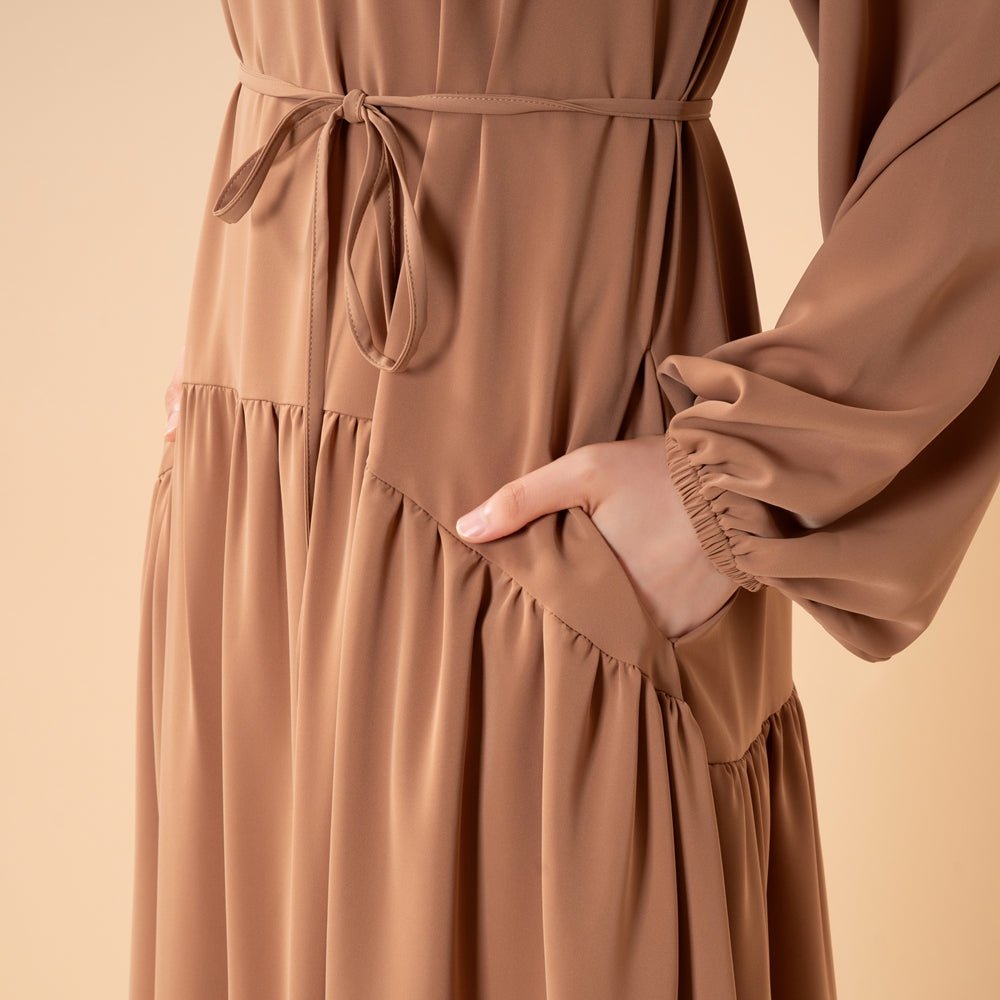 Ruffle Trim Pleated Relaxed Maxi Dress with Waist Tie(MA424) - Mariam's Collection