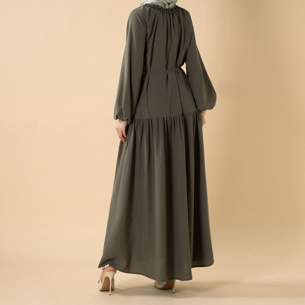 Ruffle Trim Pleated Relaxed Maxi Dress with Waist Tie(MA424) - Mariam's Collection