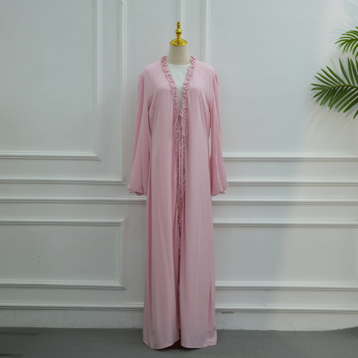 Ruffle-Trim Tie-Front Open Abaya | Lined Balloon-Sleeve Maxi Cardigan(MOA358) - Mariam's Collection