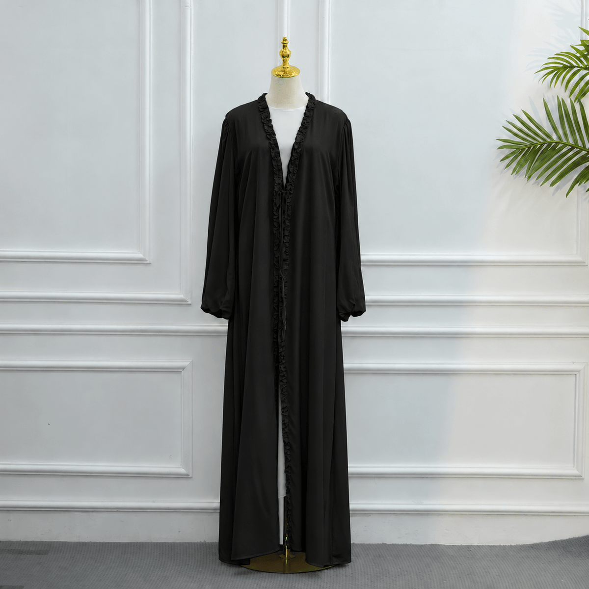 Ruffle-Trim Tie-Front Open Abaya | Lined Balloon-Sleeve Maxi Cardigan(MOA358) - Mariam's Collection